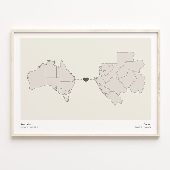 Australia To Gabon Minimalist Map Heart Connection Gift Poster