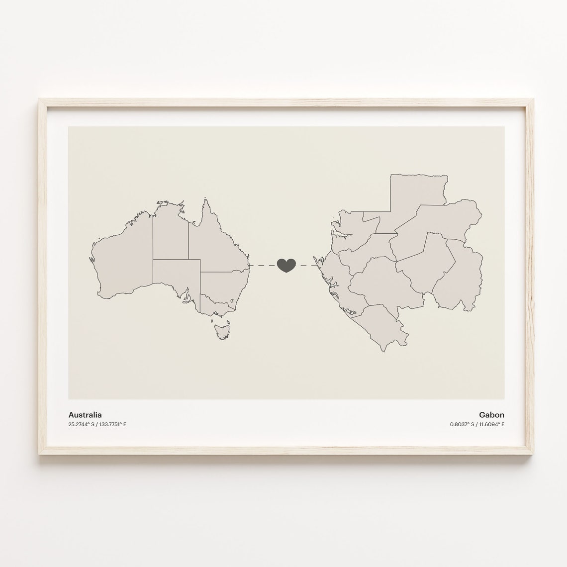 Australia To Gabon Minimalist Map Heart Connection Gift Poster