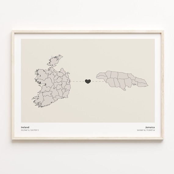 Ireland and Jamaica Long Distance Heart Connection Map Poster