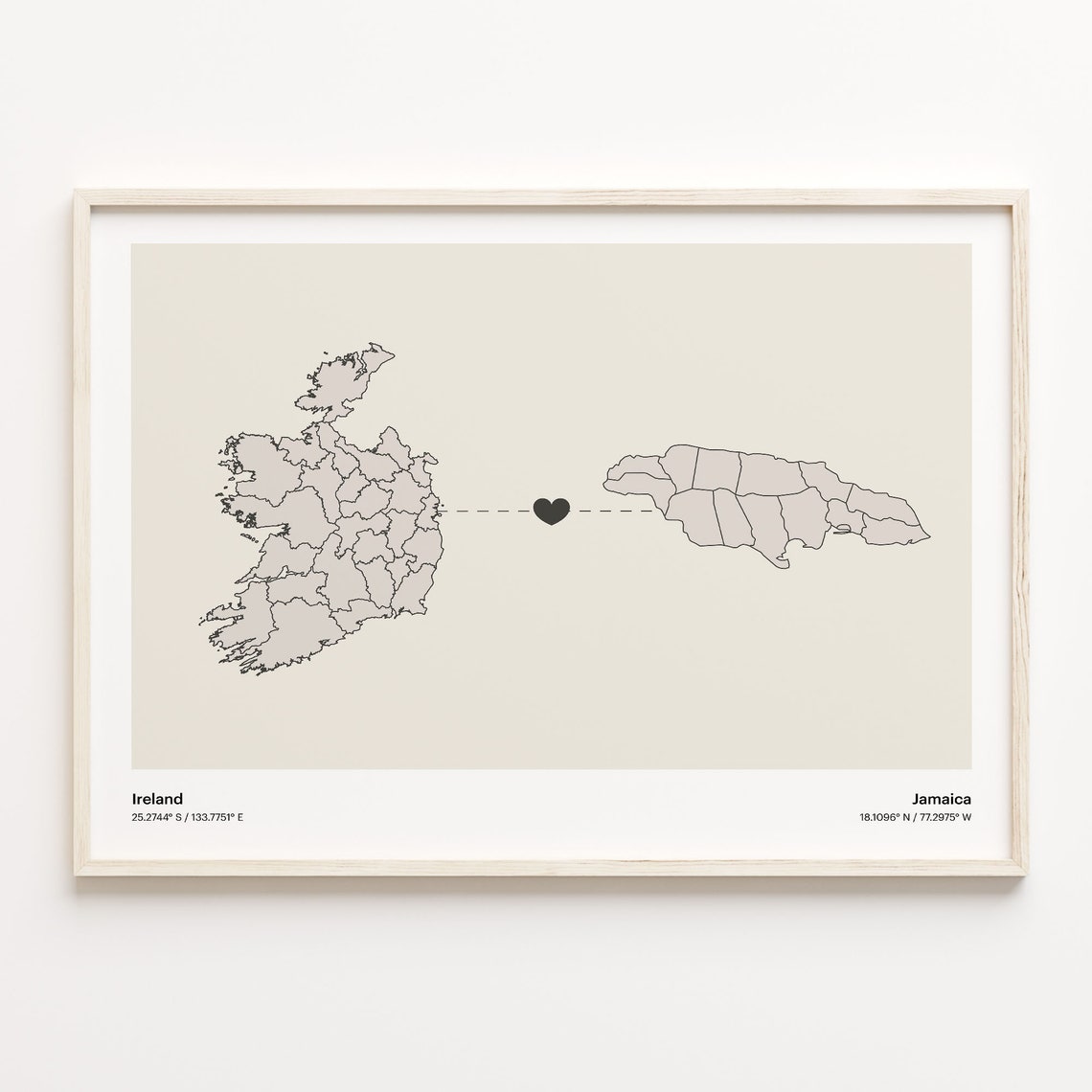 Ireland and Jamaica Long Distance Heart Connection Map Poster