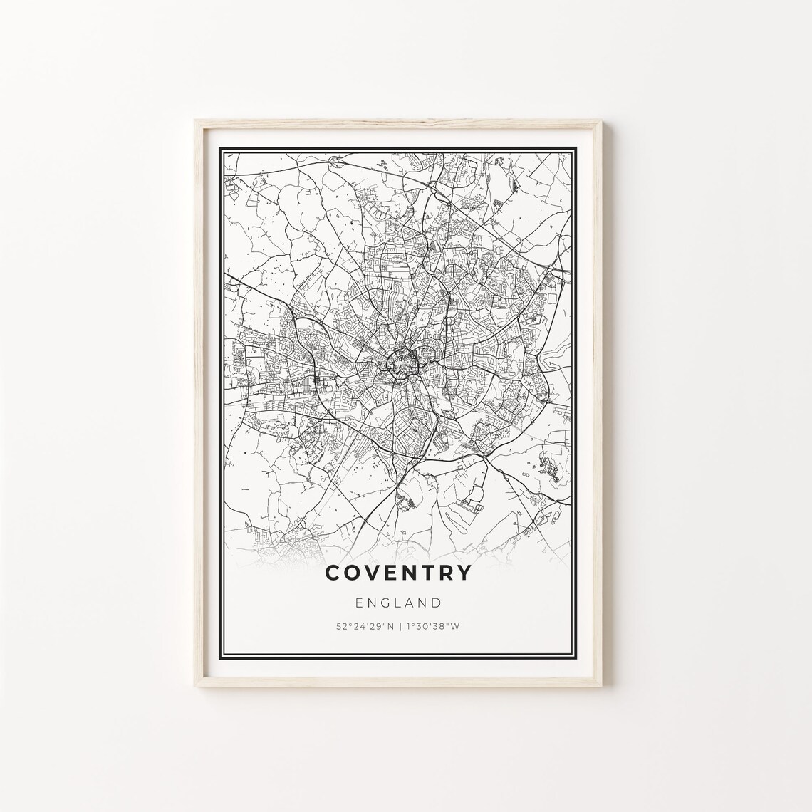 Coventry City Map Art Print, Modern Black and White