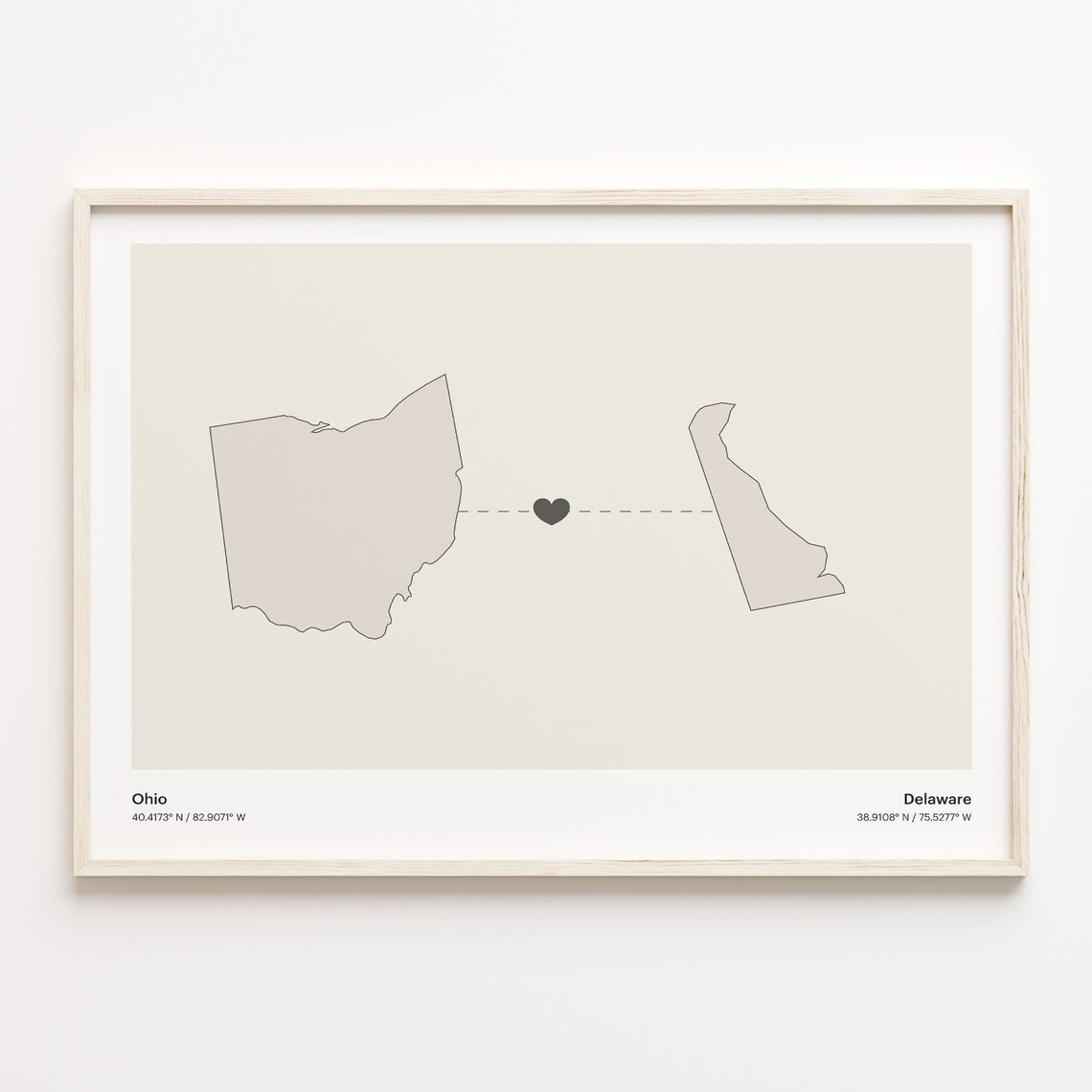 Ohio To Delaware Minimalist Heart State Map Connection Print
