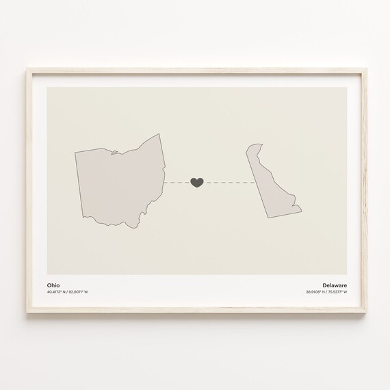 Ohio To Delaware Minimalist Heart State Map Connection Print