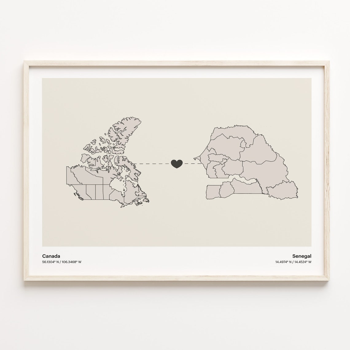 Canada To Senegal Heart Map Minimalist Country Connection Poster