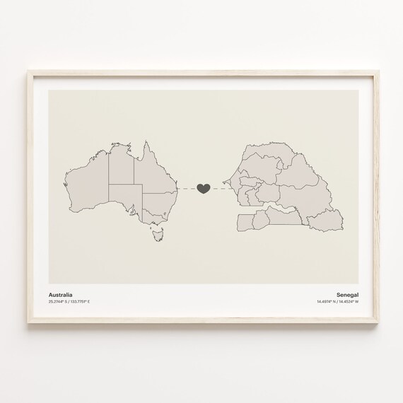 Australia and Senegal Minimalist Long Distance Heart Map Connection Poster