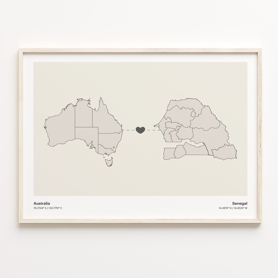 Australia and Senegal Minimalist Long Distance Heart Map Connection Poster