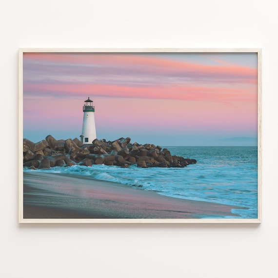 Santa Cruz California Lighthouse Sunset Ocean Wave Beach Art Poster