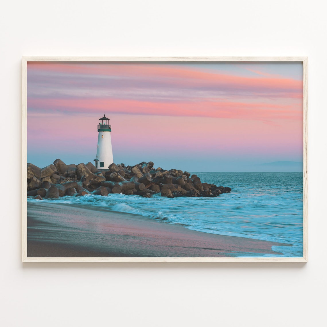 Santa Cruz California Lighthouse Sunset Ocean Wave Beach Art Poster