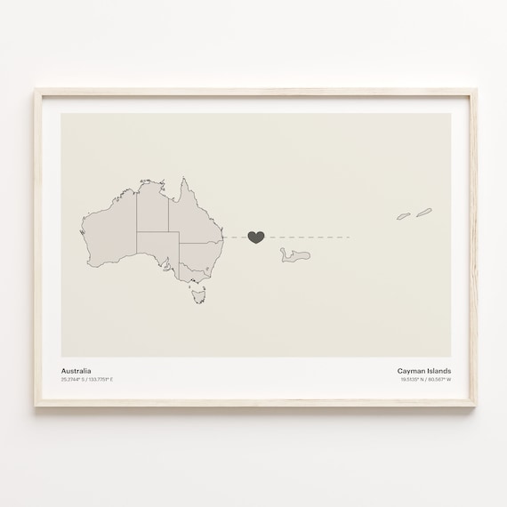 Australia To Cayman Islands Minimalist Map Heart Connection Gift Poster