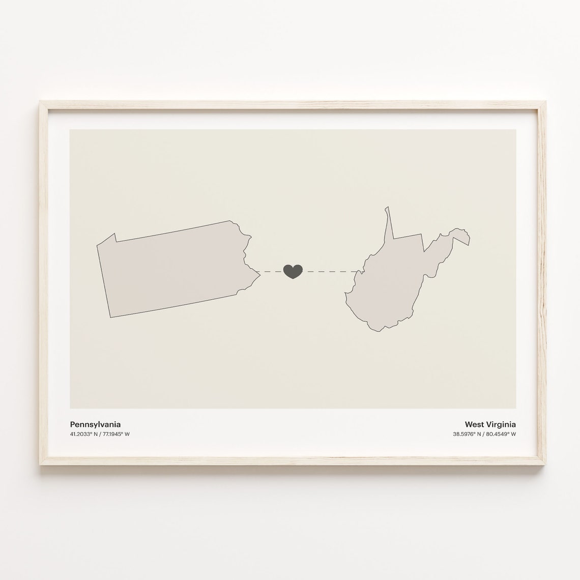 Pennsylvania to West Virginia Minimalist Heart Map Connection Poster
