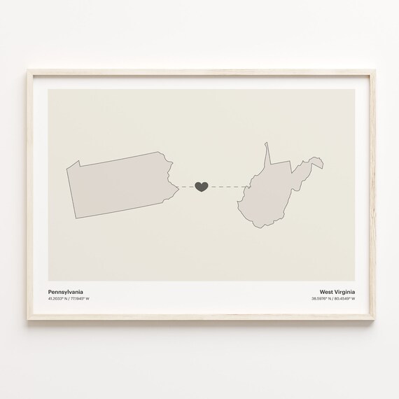 Pennsylvania to West Virginia Minimalist Heart Map Connection Poster