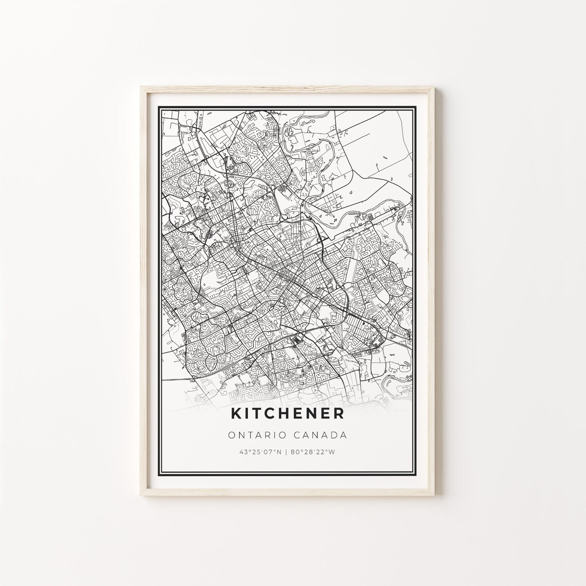 Kitchener Ontario Canada Black and White Street Map Minimalist Decor Poster