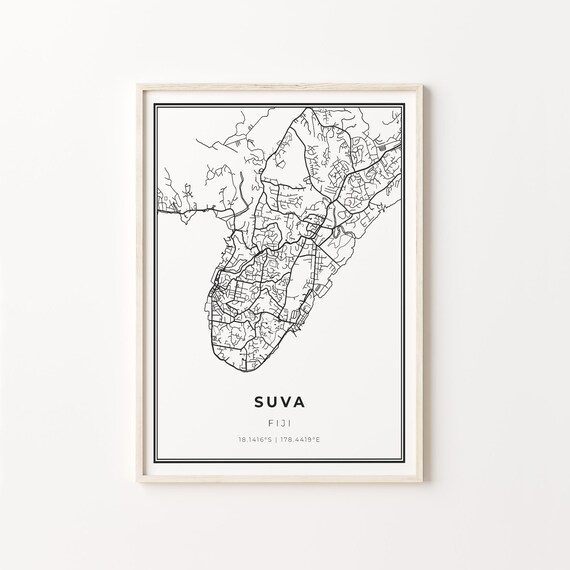 Suva Fiji Modern Minimalist Black And White Street Map Art Poster