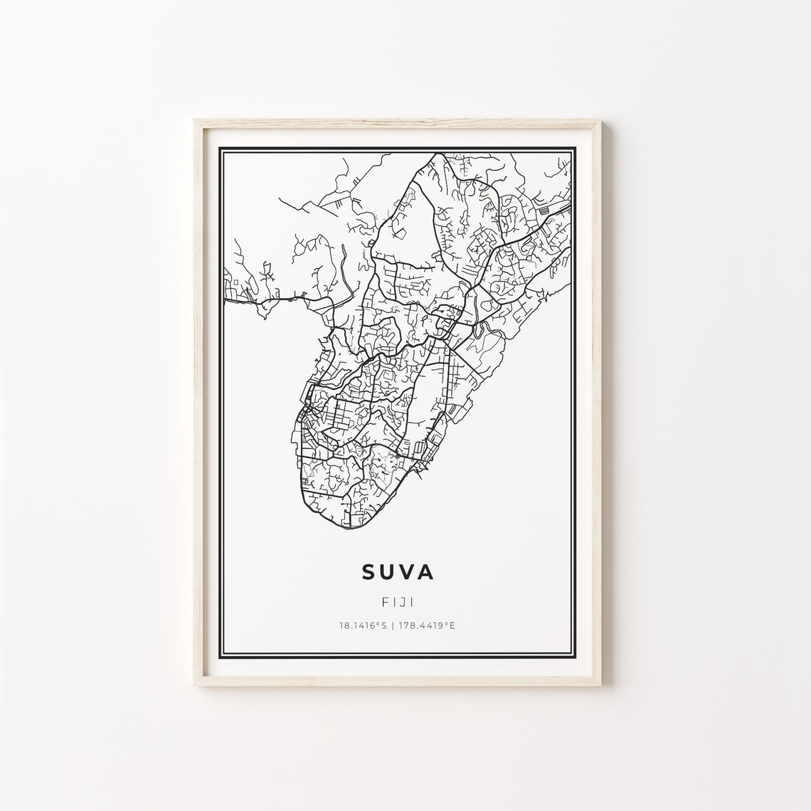 Suva Fiji Modern Minimalist Black And White Street Map Art Poster