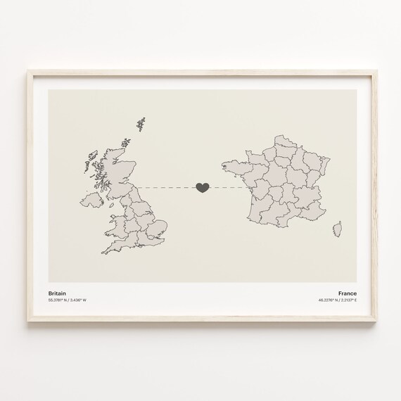Britain To France Heart Connection Minimalist Map Art Print Gift