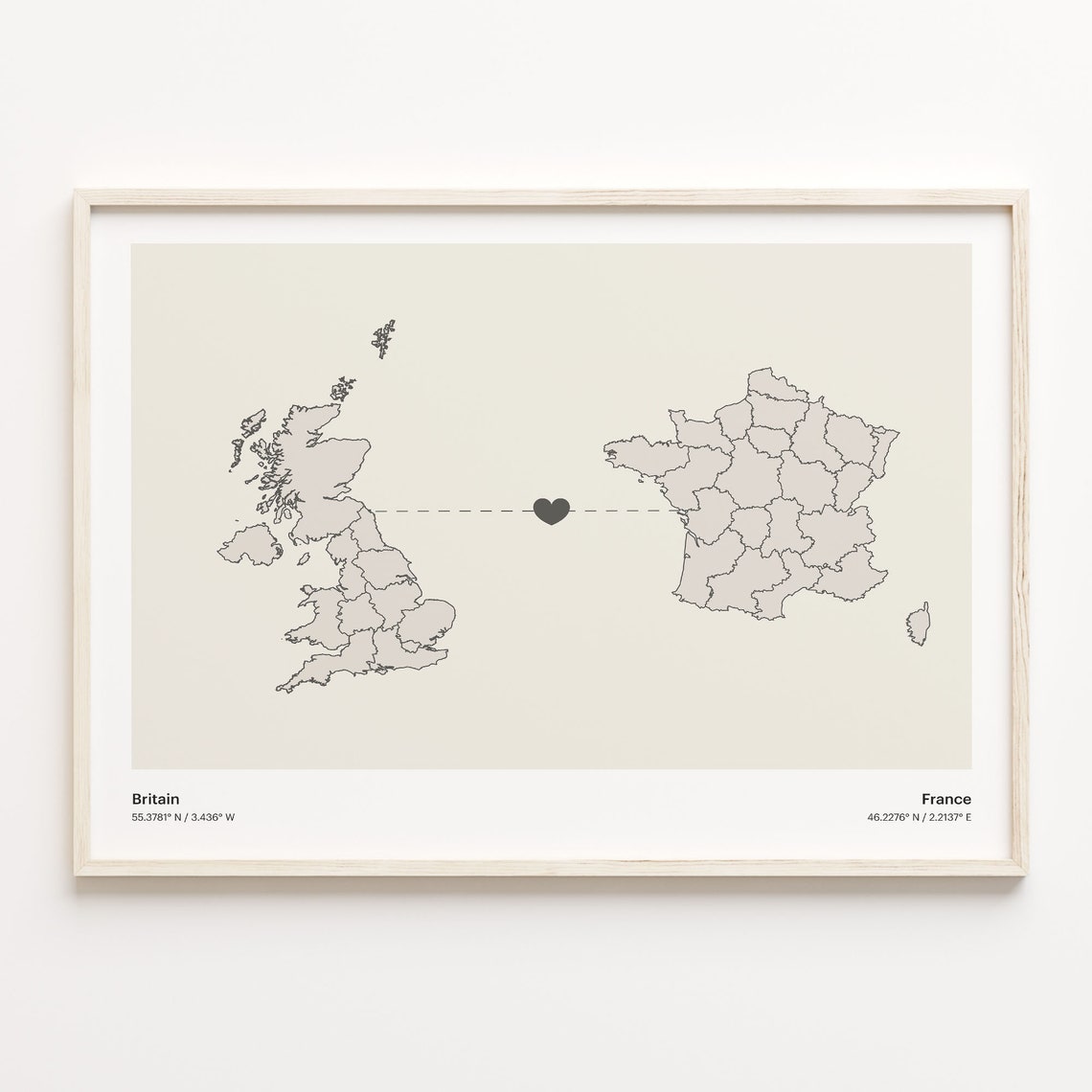Britain To France Heart Connection Minimalist Map Art Print Gift