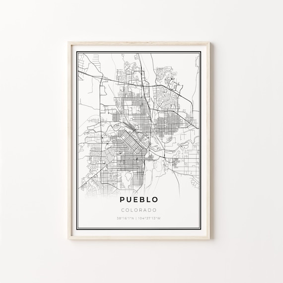 Pueblo Colorado Modern Minimalist Black and White City Map Poster