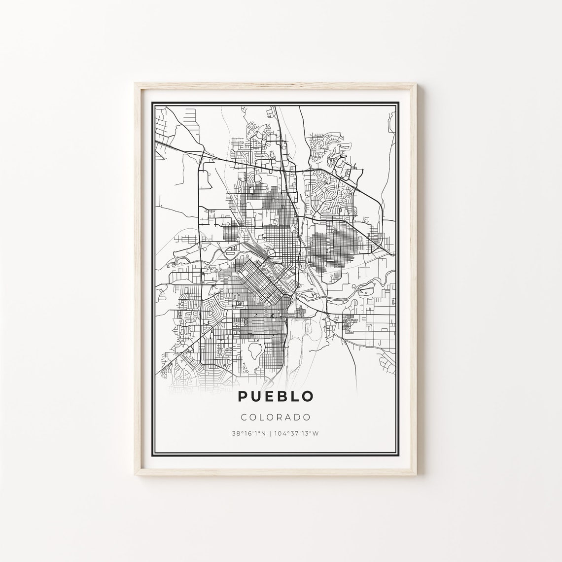 Pueblo Colorado Modern Minimalist Black and White City Map Poster
