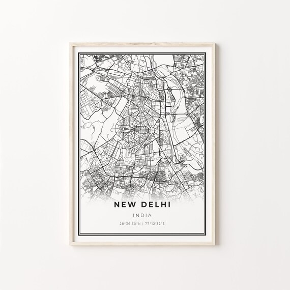 New Delhi India Modern Minimalist Black White Street Map Poster