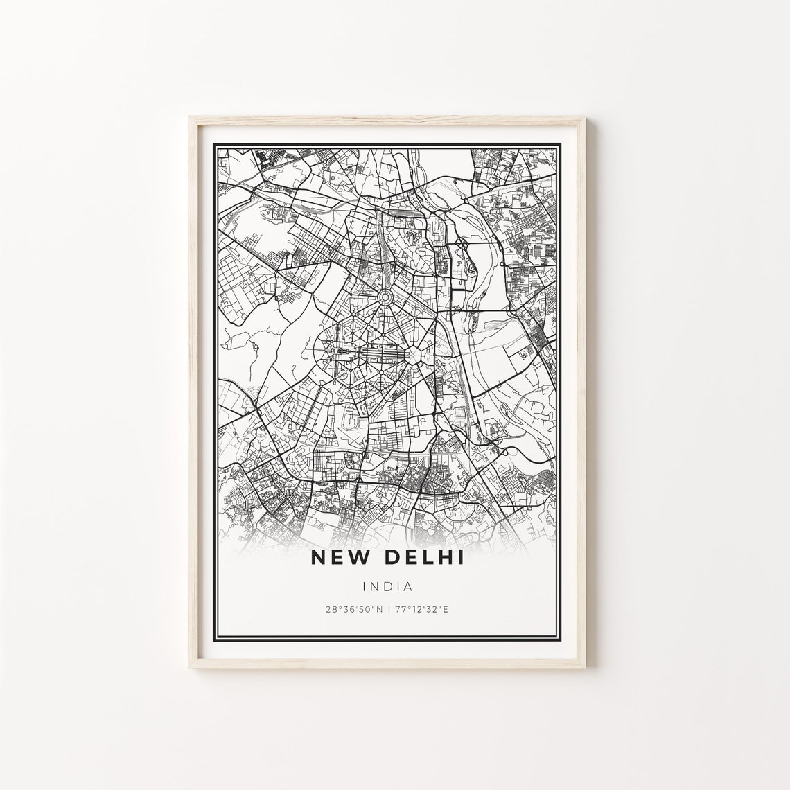 New Delhi India Modern Minimalist Black White Street Map Poster