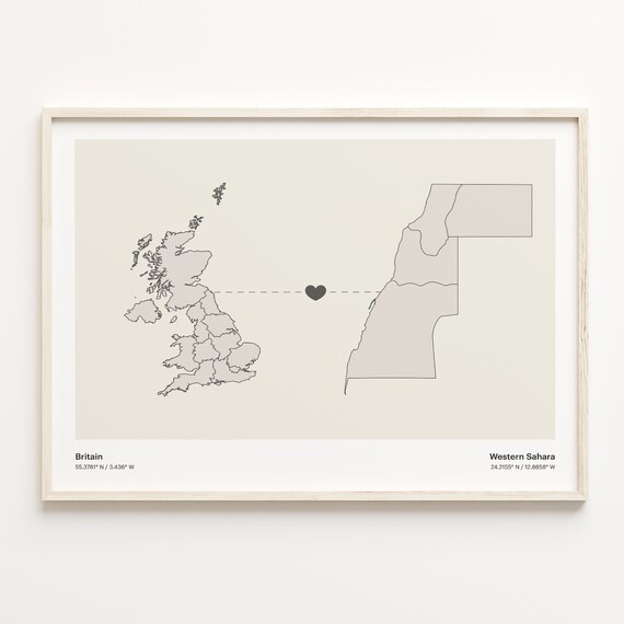 Britain To Western Sahara Minimal Heart Country Connection Map Poster