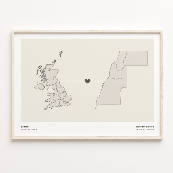 Britain To Western Sahara Print Sahrawi Gift Minimalistic Country Connection Map Poster United Kingdom Art Adventure Awaits C21395