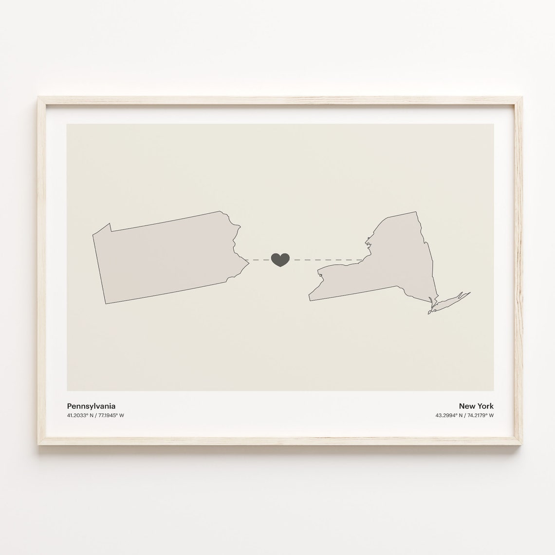 Pennsylvania To New York Heart Connection Minimalist Map Poster