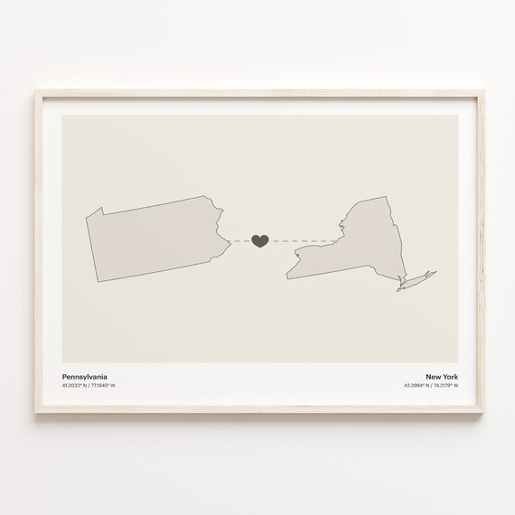 Pennsylvania To New York Heart Connection Minimalist Map Poster