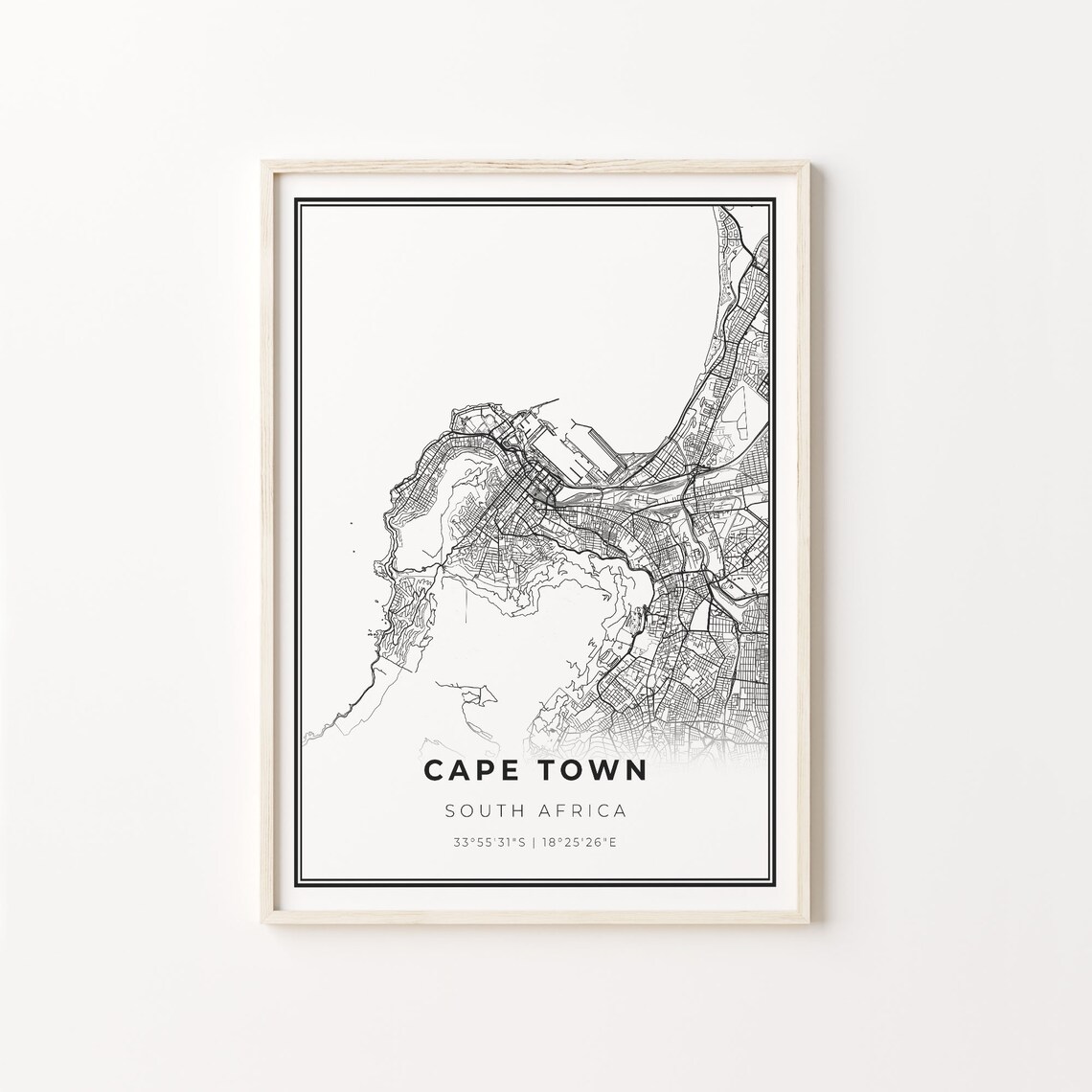 Cape Town City Map Art Print, Black And White Style