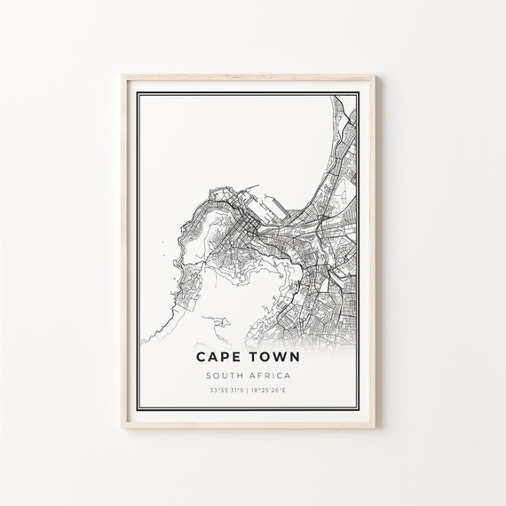 Cape Town City Map Art Print, Black And White Style