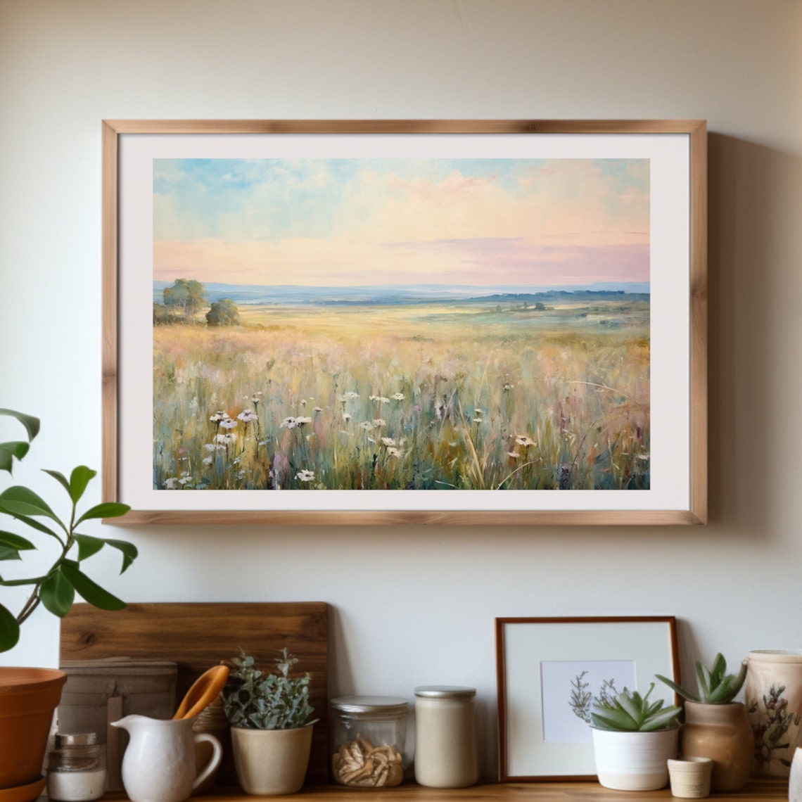 Pastel Wildflower Field at Dawn with Soft Pink and Blue Sky Poster