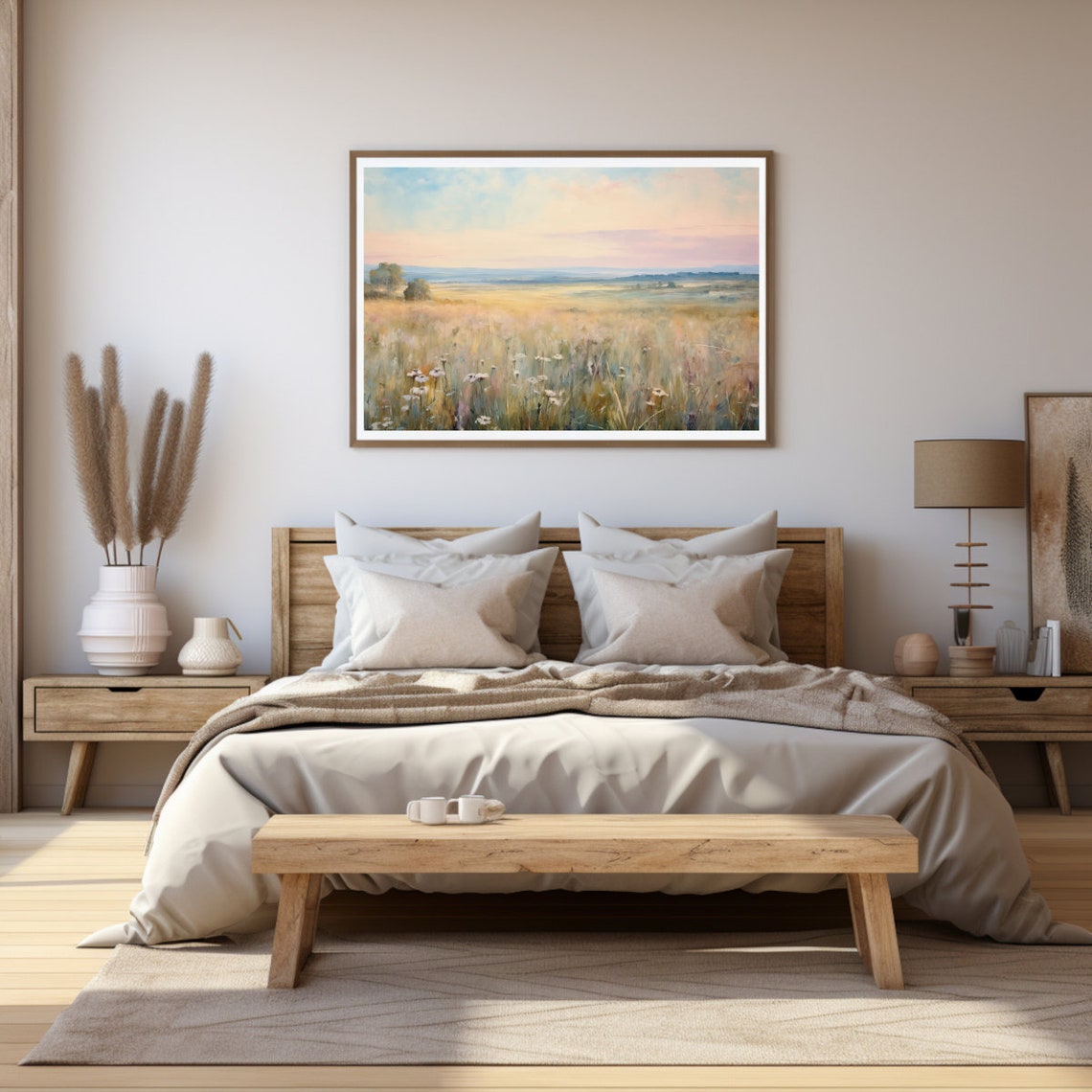 Pastel Wildflower Field at Dawn with Soft Pink and Blue Sky Poster - Image 3