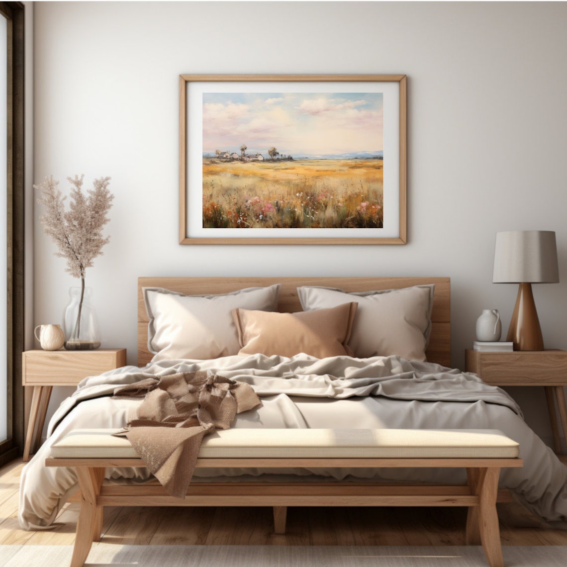 Golden Wildflower Field at Sunrise with Distant Farmhouse Poster - Image 4