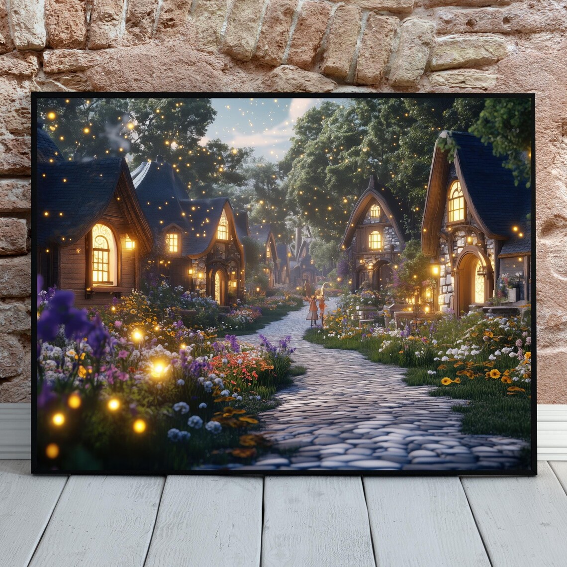 Whimsical Flower Lined Village Path Storybook Cottage Twilight Poster