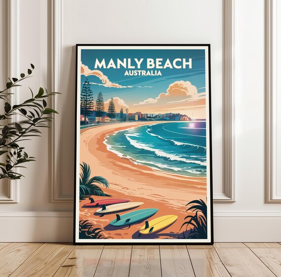 Manly Beach Australia Retro Travel Poster Surfboards Sunset Coast