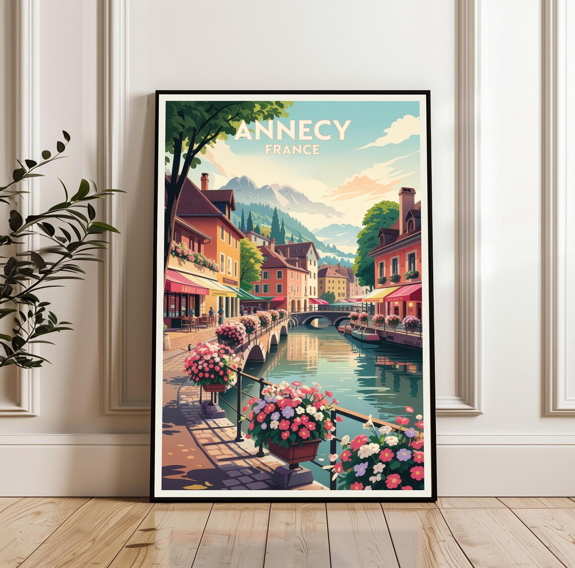 Annecy France Flower Pots Canal Mountains Bridge Alpine Travel Poster