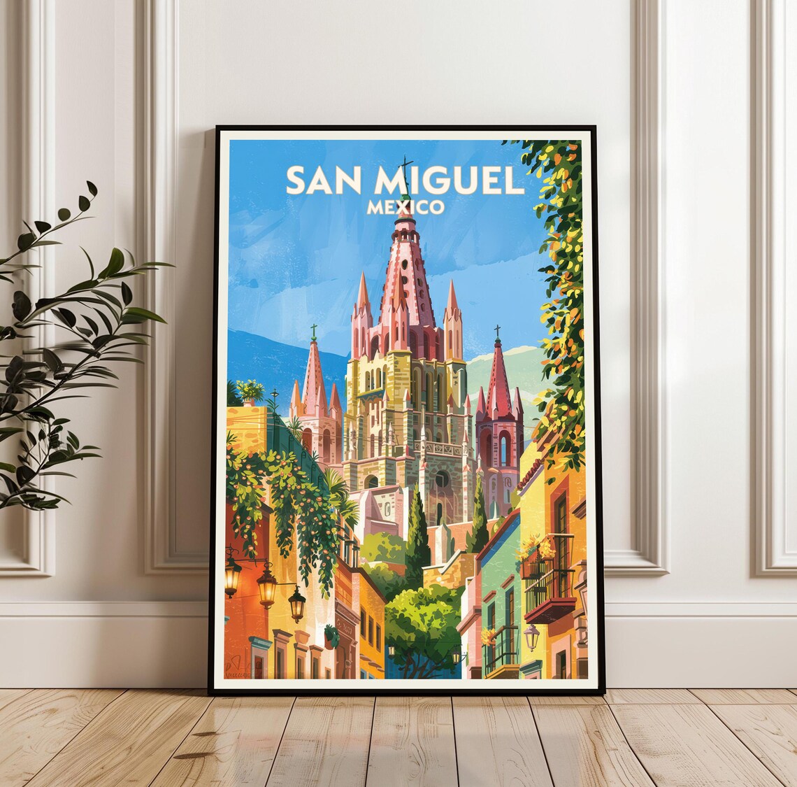 San Miguel Mexico Pink Church Colonial Street Travel Poster Art