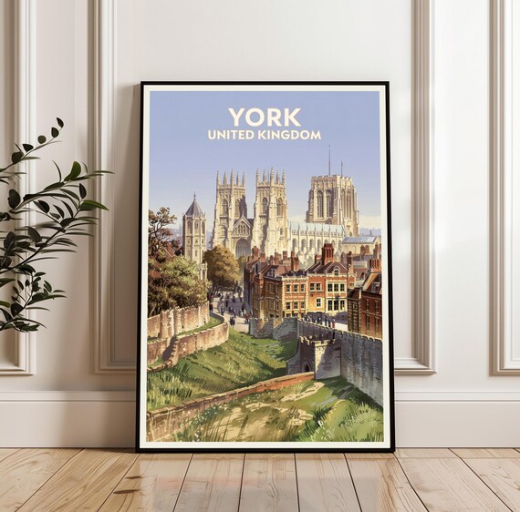 York England Travel Poster York Minster City Walls Vintage Artwork