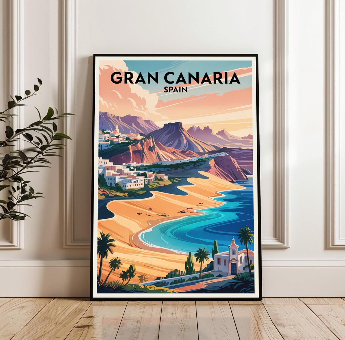Gran Canaria Golden Beach Palms Cliffs Spain Island Travel Poster