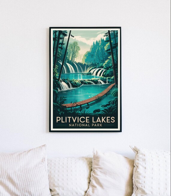 Plitvice Lakes Turquoise Waterfalls Boardwalk Croatia Travel Poster