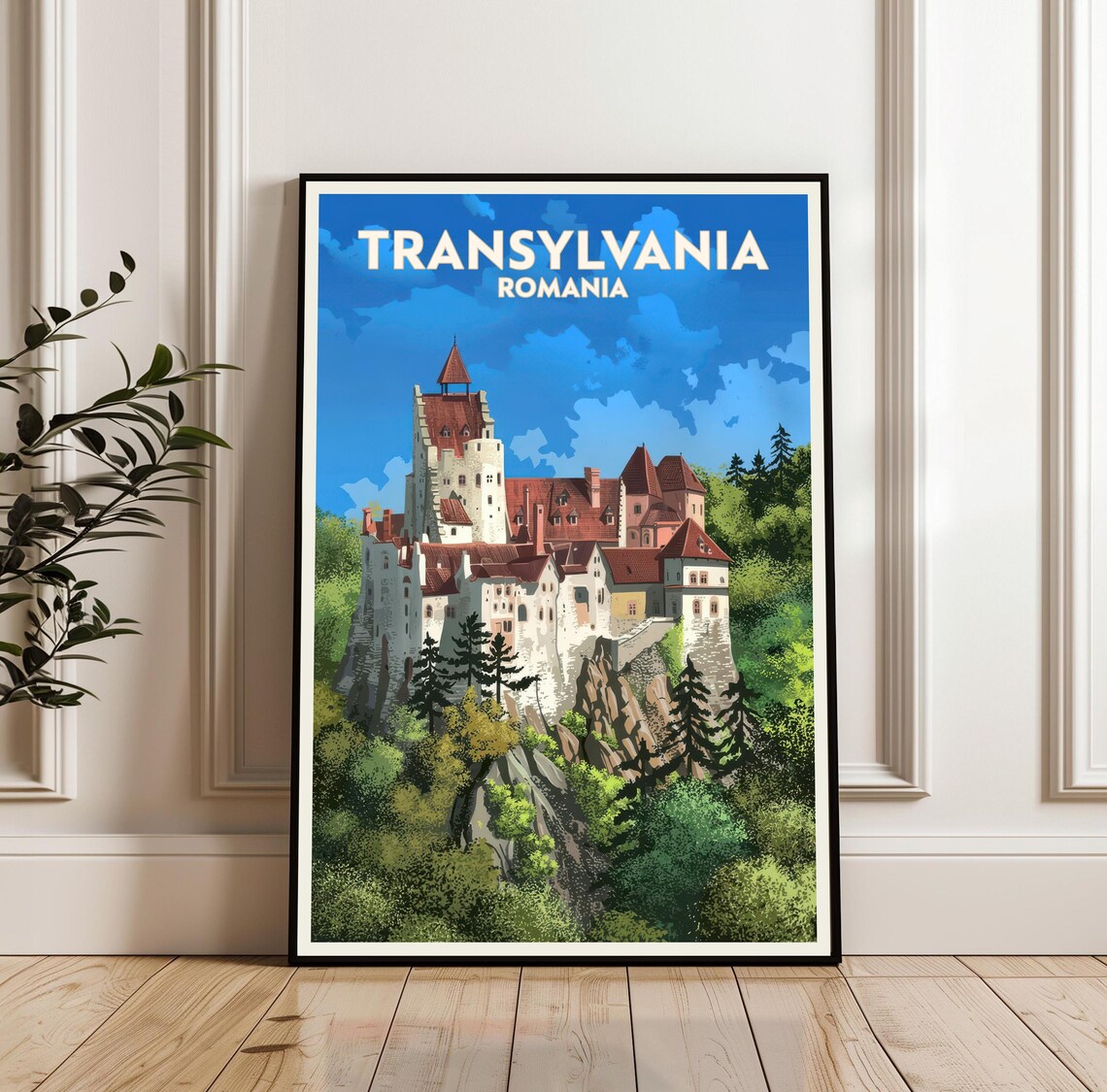 Transylvania Romania Travel Poster of Bran Castle in Green Forests