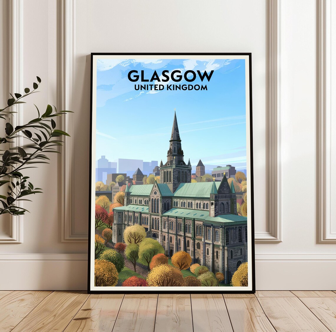 Glasgow Cathedral Autumn Gardens Scotland Cityscape Travel Poster