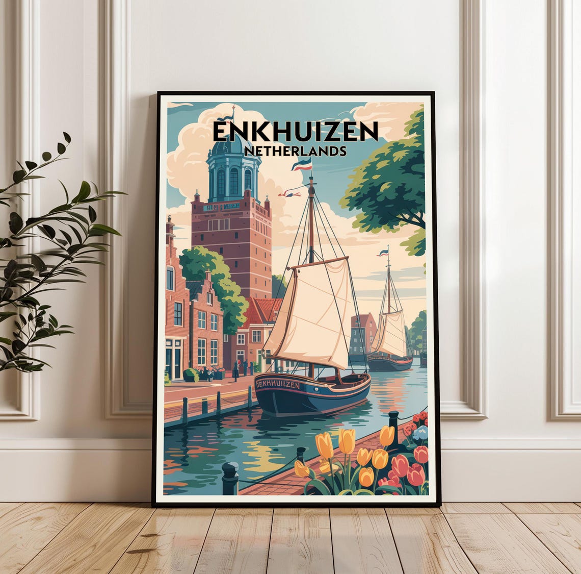 Enkhuizen Netherlands Harbor Sailboats Tulips Vintage Travel Poster