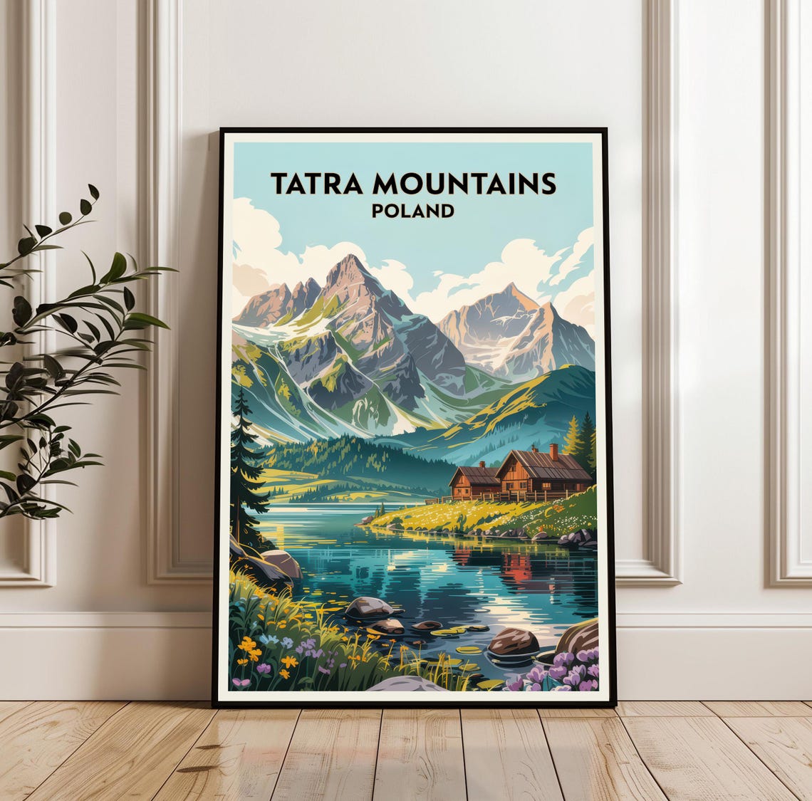 Tatra Mountains Poland Alpine Lake Cabins Retro Travel Poster
