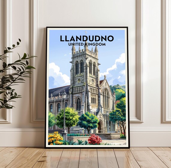Llandudno Wales Vintage Travel Poster Historic Stone Church Landmark Art