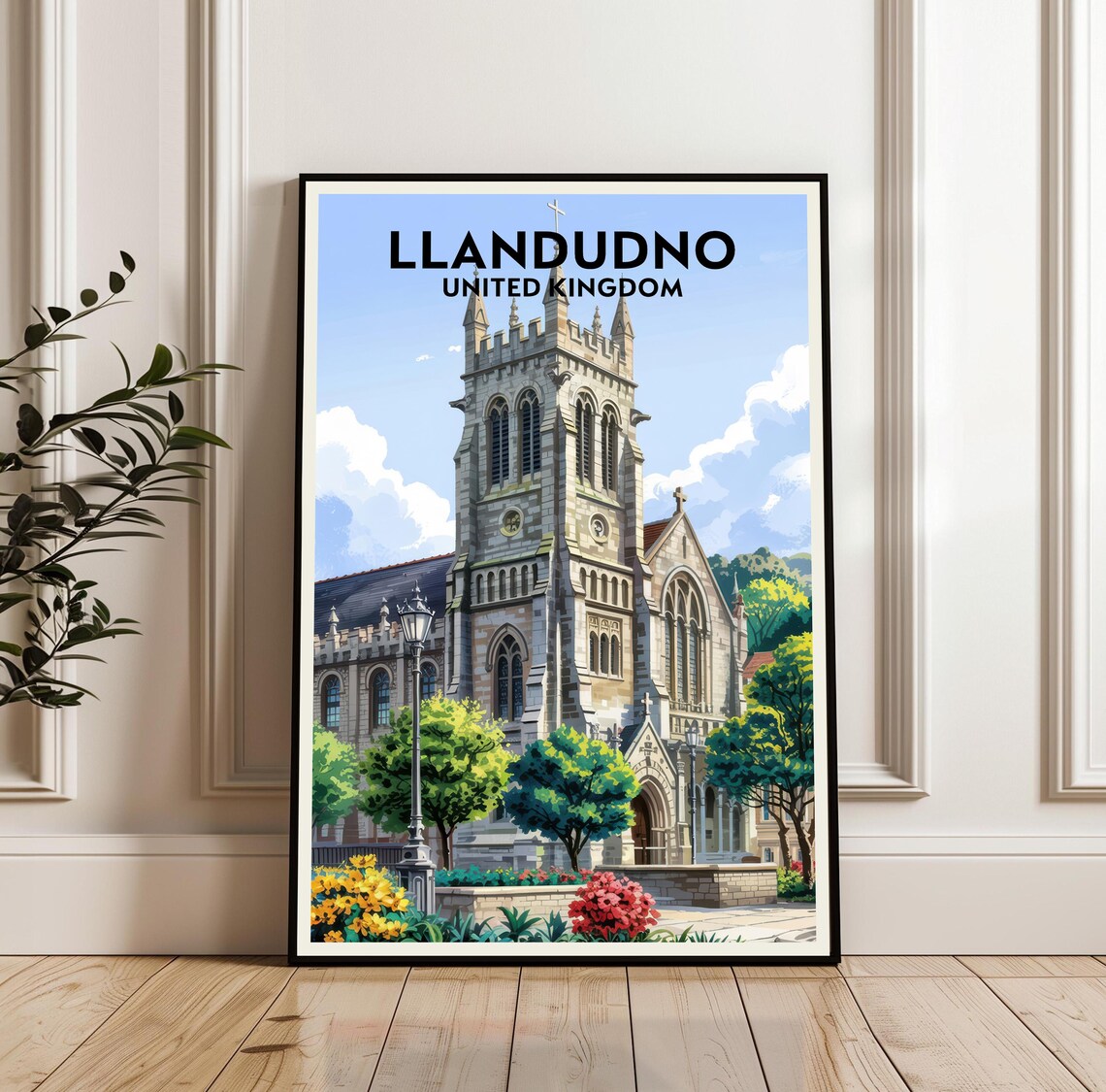 Llandudno Wales Vintage Travel Poster Historic Stone Church Landmark Art
