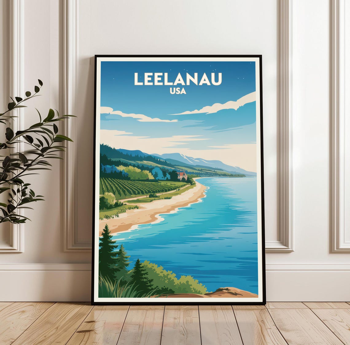 Leelanau USA Lakeside Shoreline Vineyards Retro Travel Poster