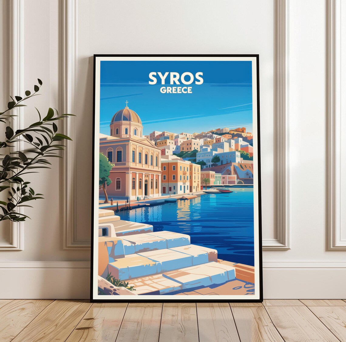 Syros Greece Vintage Travel Poster Ermoupoli Harbor Blue Sea Art