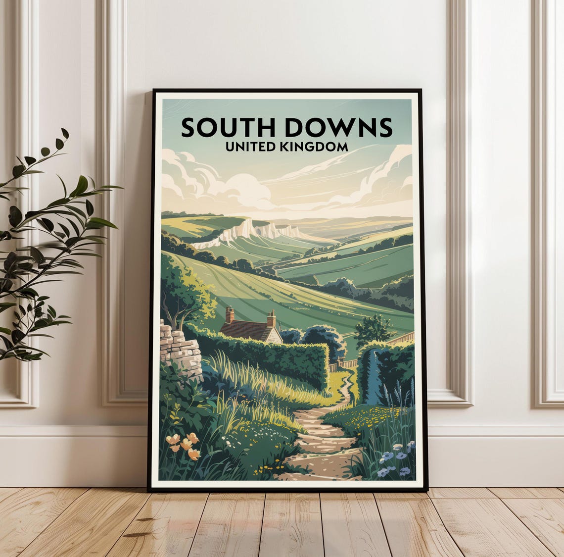 South Downs England Countryside Travel Poster White Cliffs Hills Art