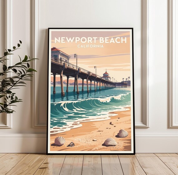 Newport Beach California Pier Sunset Waves Coastal Travel Poster